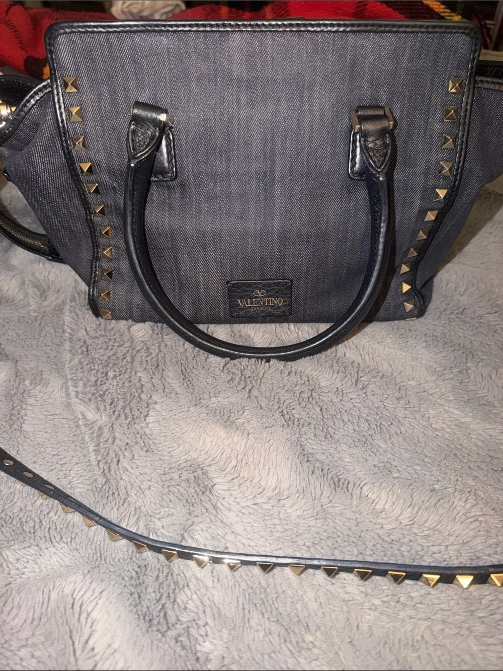 Preloved Valentino Garavani Dark Gray Denim Satchel with Gold Studs excellent.